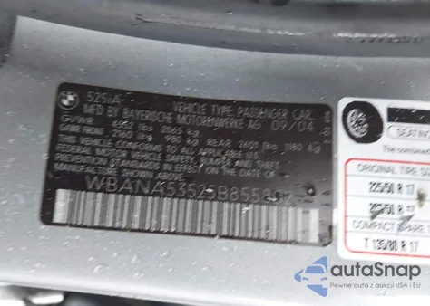 2005 BMW 525I from USA, damaged, VIN WBANA53525B855802